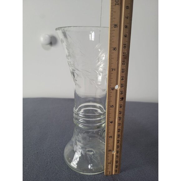 Clear Etched Glass Vase Floral Etched Art Deco Flare Vintage Flare Funnel - Picture 9 of 10